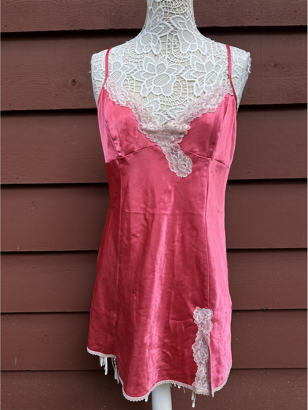 Morgan Taylor Pink Satin Slip Dress with Lace Trim